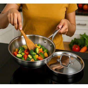 Aadhinath Stainless Steel Frypan with lid - Heavy Bottom - Induction Gas Compatible, Dishwasher Safe, 5-Year Warranty Versatile Fry Pan for Cooking 20 cm