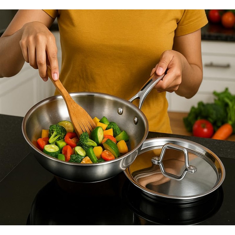 Aadhinath Stainless Steel Frypan with lid - Heavy Bottom - Induction Gas Compatible, Dishwasher Safe, 5-Year Warranty Versatile Fry Pan for Cooking 20 cm