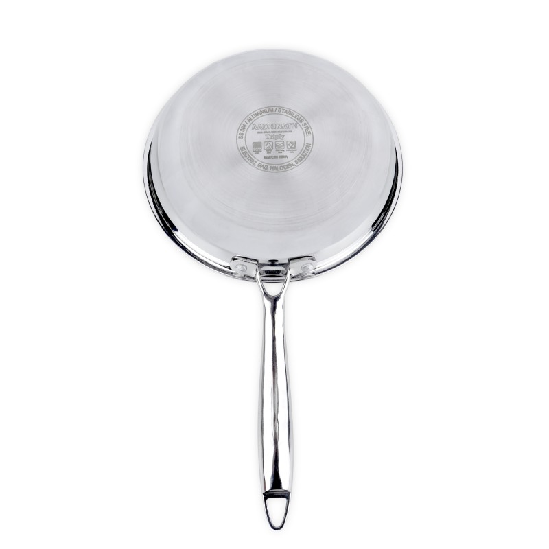 Aadhinath Stainless Steel Frypan with lid - Heavy Bottom - Induction Gas Compatible, Dishwasher Safe, 5-Year Warranty Versatile Fry Pan for Cooking 20 cm
