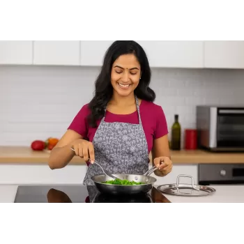 Aadhinath Stainless Steel Frypan with lid - Heavy Bottom - Induction Gas Compatible, Dishwasher Safe, 5-Year Warranty Versatile Fry Pan for Cooking 26 cm