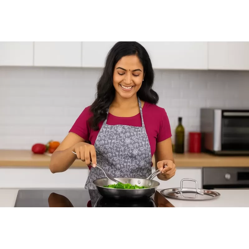 Aadhinath Stainless Steel Frypan with lid - Heavy Bottom - Induction Gas Compatible, Dishwasher Safe, 5-Year Warranty Versatile Fry Pan for Cooking 26 cm